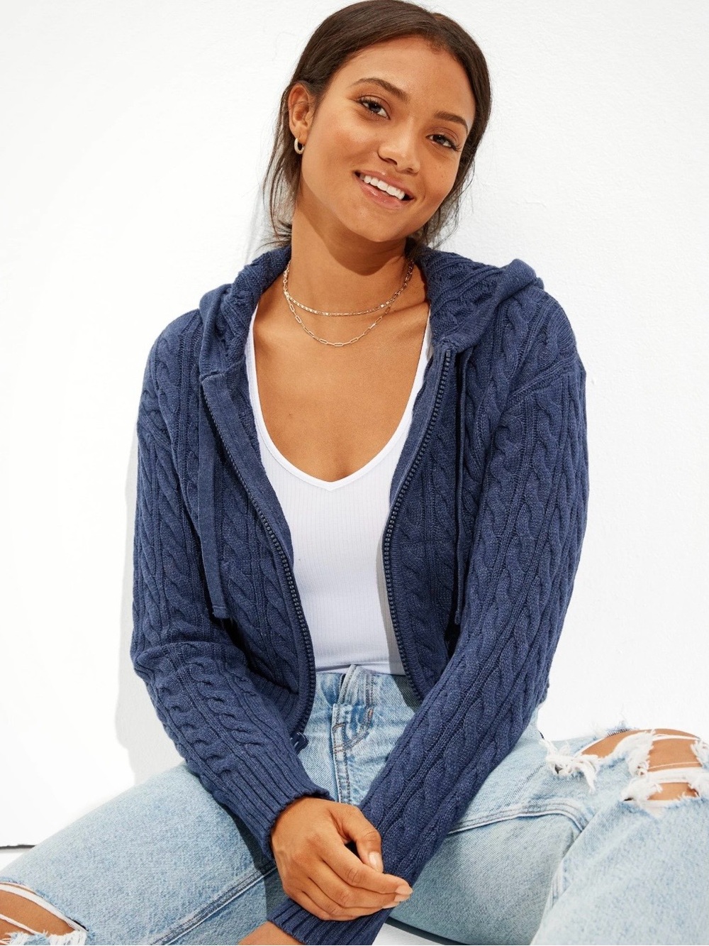 American Eagle Navy Cropped Cable Knit Zip Hoodie Size L